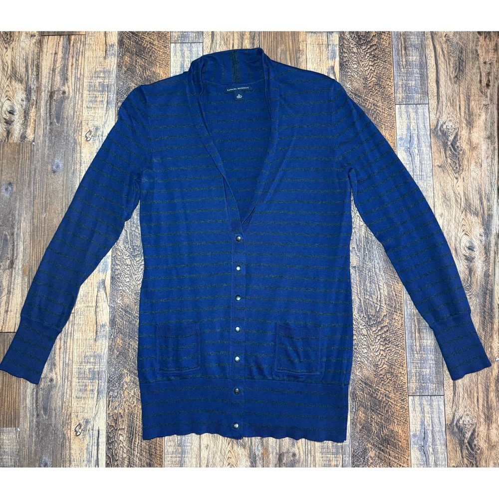 Banana Republic Cardigan Womens Blue Gray Striped Long Sleeve Knitwear V Neck‎ M
